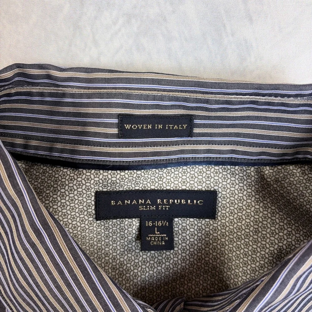Banana Republic Button Down Shirt Mens L Grey Striped Slim Fit Italian Fabric